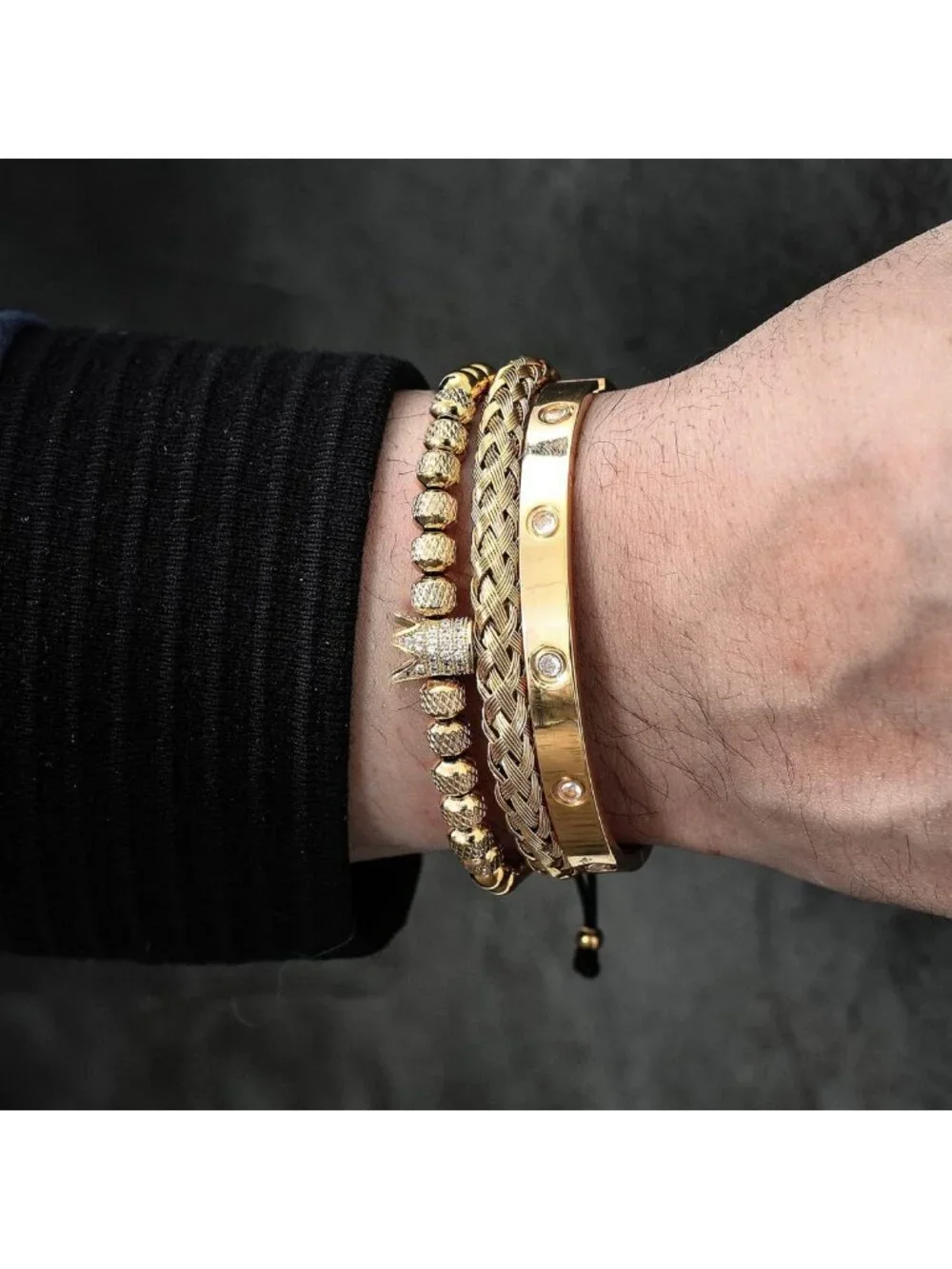 3PCS Adjustable Gold Stainless Steel Crown Bracelets for Men - Luxury Roman